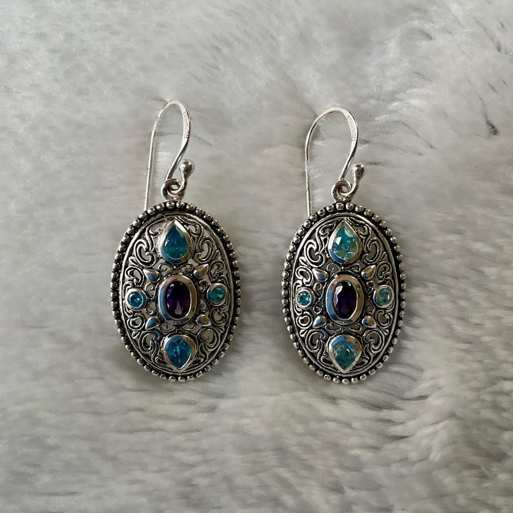 Bali Style Amethyst and Blue Topaz Dangle Earrings Sterling Silver